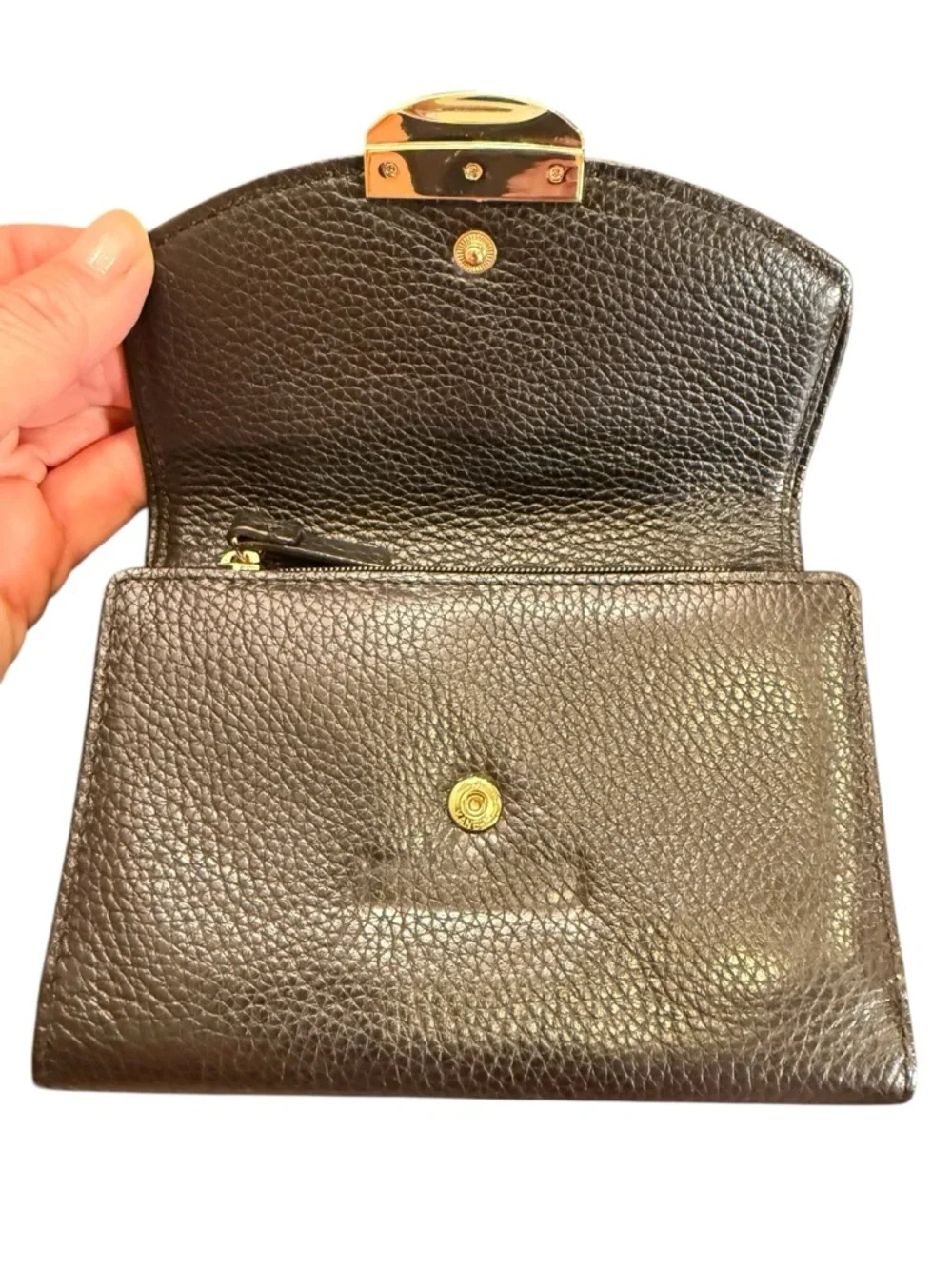 Kate Spade Black Pebbled Leather Tri Fold Wallet with Gold-Tone Logo Closure
